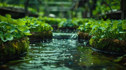 Fototapeta premium Tranquil Stream Flowing Through Lush Green Foliage