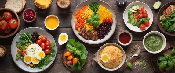 Rustic cafe scene showing a balanced vegetarian meal with vibrant, fresh ingredients, ideal for healthy eating and dieting