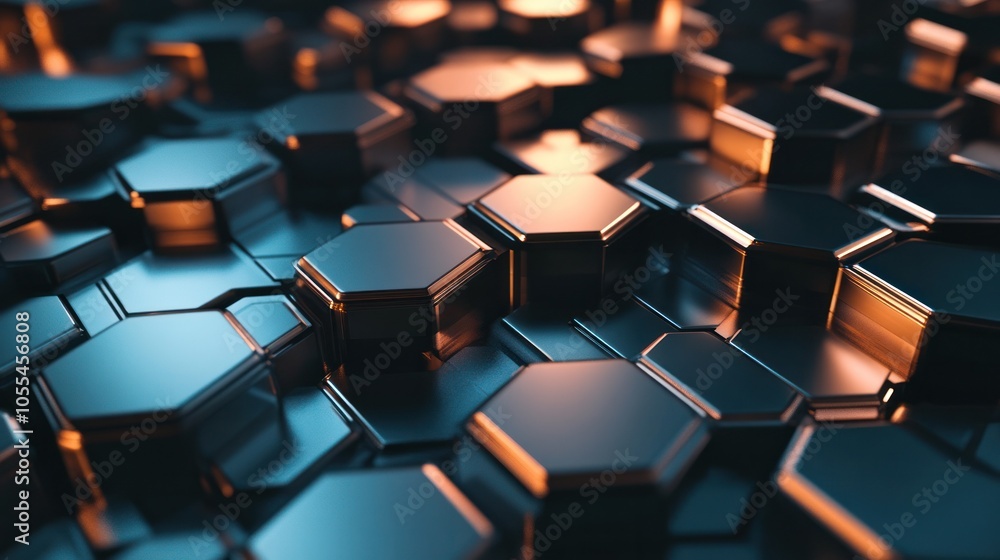 Poster a conceptual 3d hexagonal background featuring a blend of metallic and glass textures,