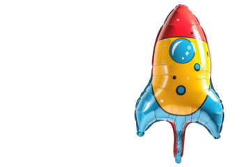 A colorful balloon shaped like a rocket ship soaring into a bright and playful atmosphere