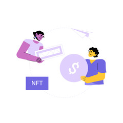 NFT Art Exchange With Two Characters Holding Artwork And Dollar Symbol In Flat Vector Illustration, Symbolizing Digital Economy, Isolated On White Background.