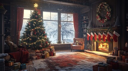 A cozy living room adorned with festive decorations