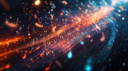 Fototapeta premium A dynamic scene featuring flowing musical notes fading into abstract snippets of computer programming language