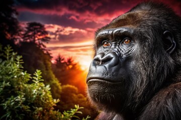 Obraz premium Gorilla Head Silhouette Framed in Nature's Embrace - Captivating Wildlife Photography