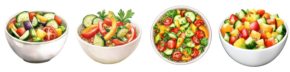 A vibrant assortment of fresh salads in white and colorful bowls, featuring a mix of vegetables and garnishes.