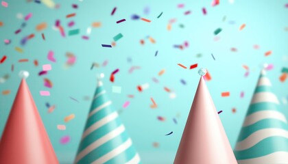 New Year 2025, party hats and confetti, 3D illustration