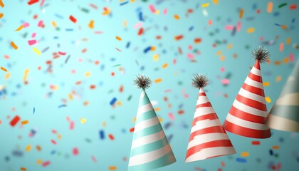 New Year 2025, party hats and confetti, 3D illustration