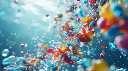 Abstract Colorful 3D Shapes with Water Droplets and Bubbles Digital Art