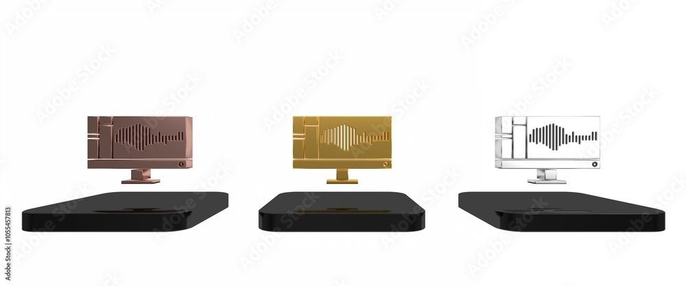 Poster colorful sound or audio recorder or editor software on computer monitor icon isolated on white backg