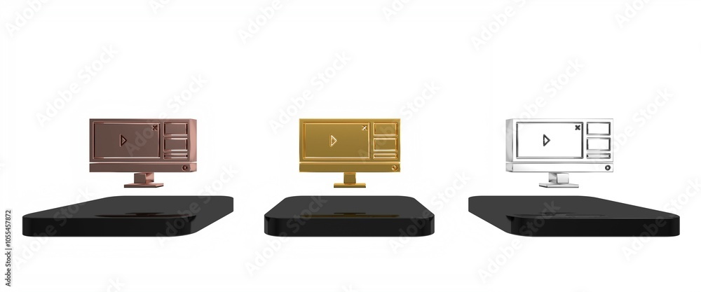 Poster colorful video recorder or editor software on computer monitor icon isolated on white background. mi