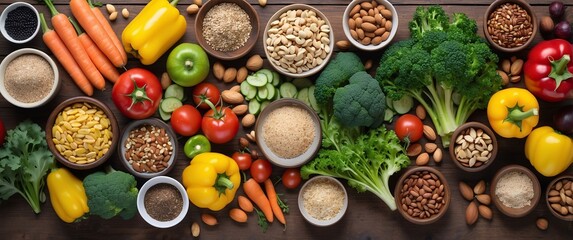 A healthy lunch spread featuring various colorful vegetables, nuts, and seeds on a wooden table, ready for meal preparation