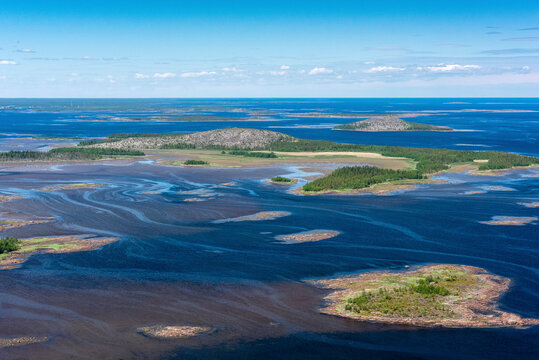 Aerial view of serene Onega Bay with pristine islands and calm water, Karelia Republic, Russia.
