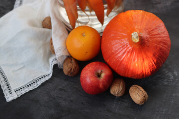 Autumn composition with Red Kuri winter squash. Eating healthy concept. Still life with vegetables. 