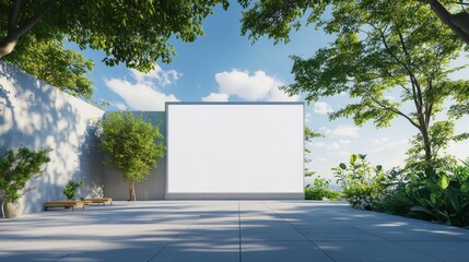Obraz premium Empty white poster mockup on the rooftop of a mall, framed by green trees and blue sky, ready for advertisement display.