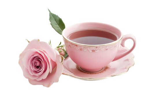 Delicate pink tea cup with aromatic beverage and fresh rose on elegant saucer
