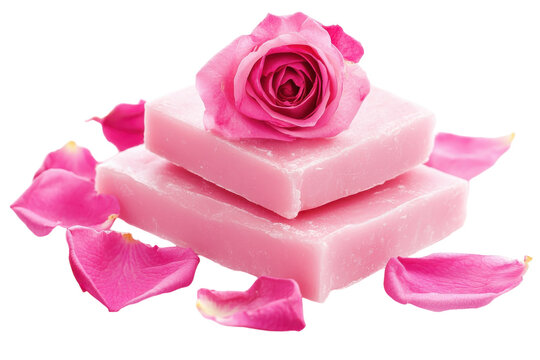 Delicate pink soap bars adorned with a rose and petals, creating a serene spa atmosphere