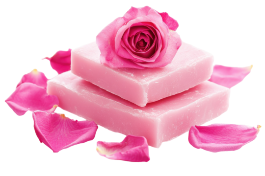 Delicate pink soap bars adorned with a rose and petals, creating a serene spa atmosphere