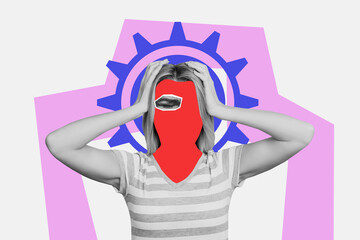 Composite trend artwork photo collage of caricature personage faceless wear mask close eye fragment...