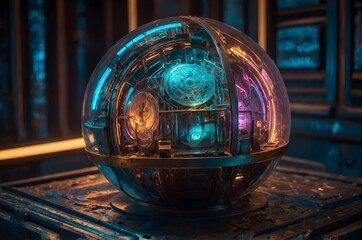 The glowing sphere, possibly a time machine, showcases delicate gears and circuits. Bathed in blue and purple neon, it looks both futuristic and ancient, evoking curiosity and awe