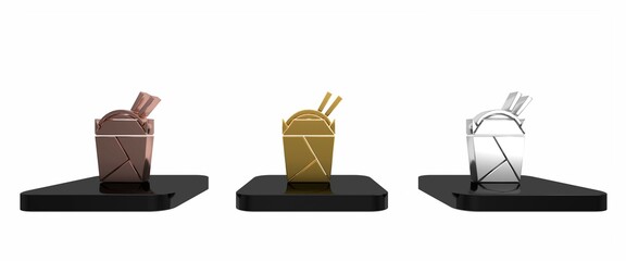 Colorful Asian noodles in paper box and chopsticks icon isolated on white background. Street fast food. Korean, Japanese, Chinese food. Minimalism concept. 3D render illustration