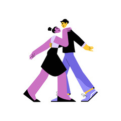 Couple Dancing In Flat Vector Illustration Symbolizing Romance, Joy, And Togetherness, Isolated On White Background.