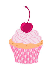 Cute hand drawn muffin with pink cream and cherry in a baking cup with a heart pattern