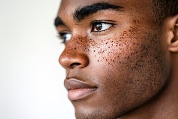 Fototapeta premium A close-up view of a young man's face highlighting skin problems against a soft background in natural lighting