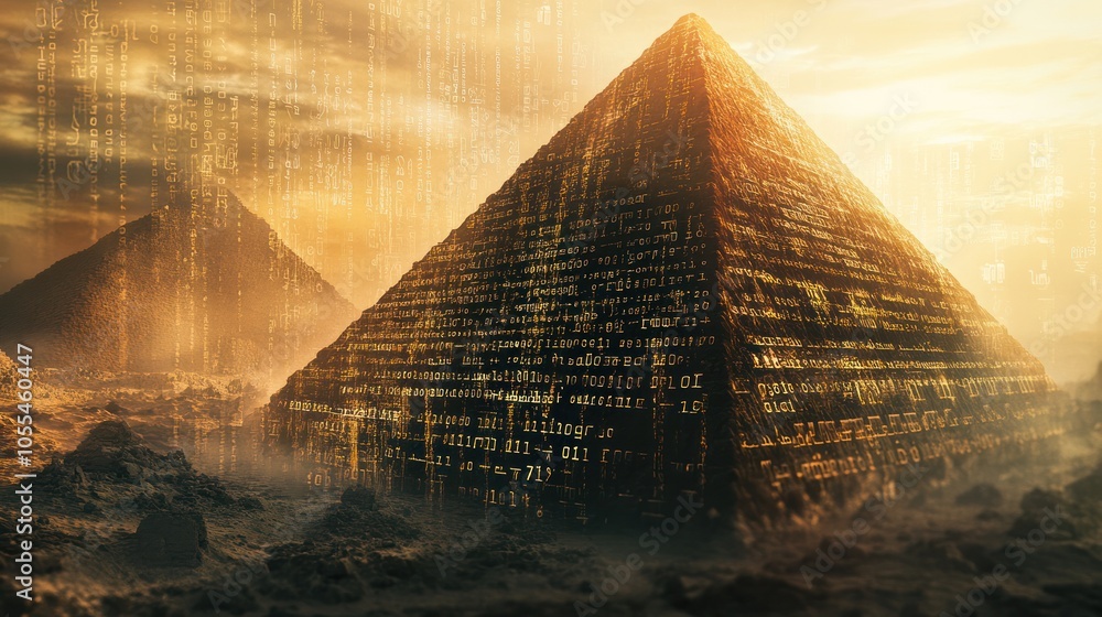 Fototapete a soft-focus pyramid is juxtaposed with floating text from various programming languages,