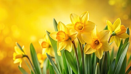 Obraz premium Close-up of a daffodil bulb with green leaves and yellow trumpet-shaped flowers in the foreground against a yellow background, daffodils, plant, outdoor, garden
