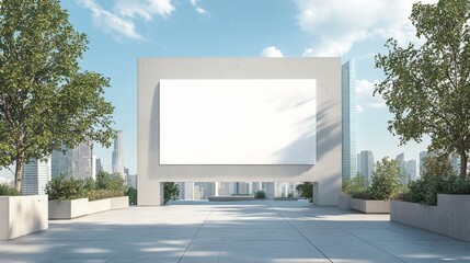 Obraz premium Large, blank poster on a modern rooftop, surrounded by trees and architectural details, perfect for promotional use.