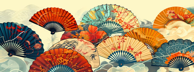Naklejka premium A vibrant array of decorative fans, showcasing intricate patterns and colors in orange, blue, and gold hues, evoking a sense of cultural artistry.