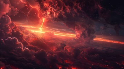 Fiery Sky with Lightning and Stars Dramatic Cloudscape