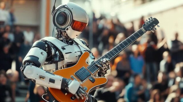 The robot masterfully plays the guitar in front of a crowd of people. Against the background, the crowd supports the guitarist with stormy applause.