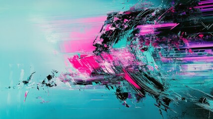 A vibrant digital glitch error effect overlays a smooth teal blue background