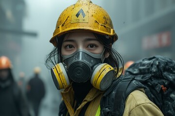 Close-up portrait of a woman wearing a yellow hard hat and respirator mask