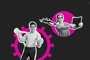 Composite trend artwork sketch image collage of silhouette young man lady student geek wow read...