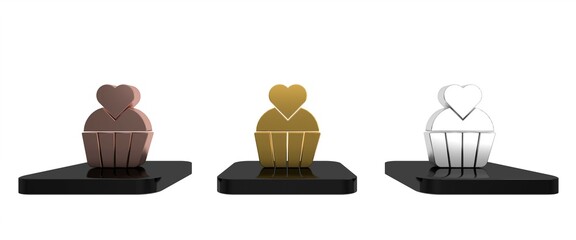 Colorful Wedding cake with heart icon isolated on white background. Valentines day symbol. Minimalism concept. 3D render illustration