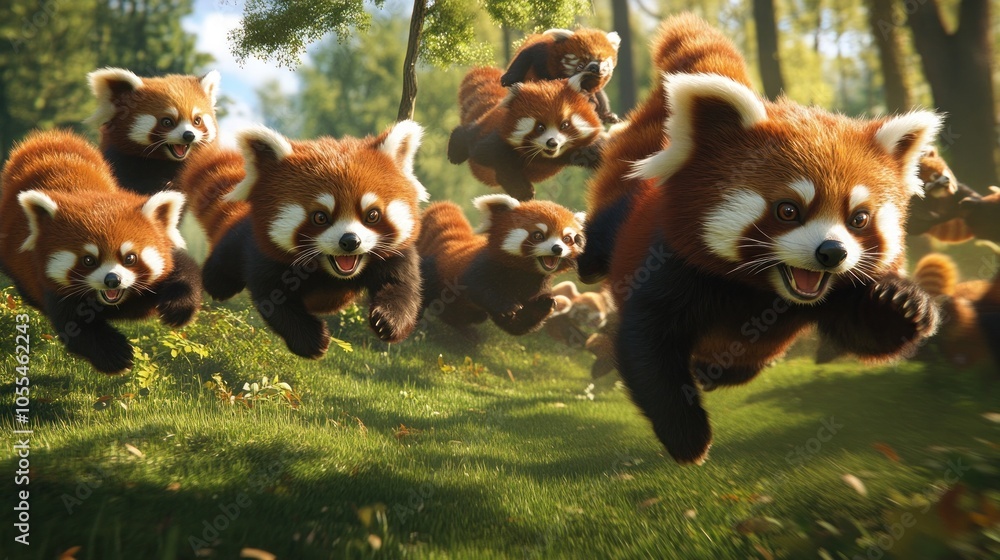 Poster a group of playful red pandas leap through a sun-dappled forest, their furry tails trailing behind t