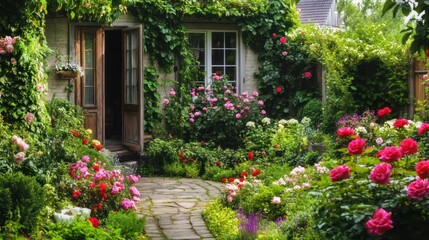 Beautiful Garden with Flowers and Brick Path