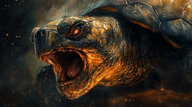 A turtle with a fiery expression and a mouth open wide. The image has a dark and ominous mood, with the turtle's angry expression and the orange glow of its mouth