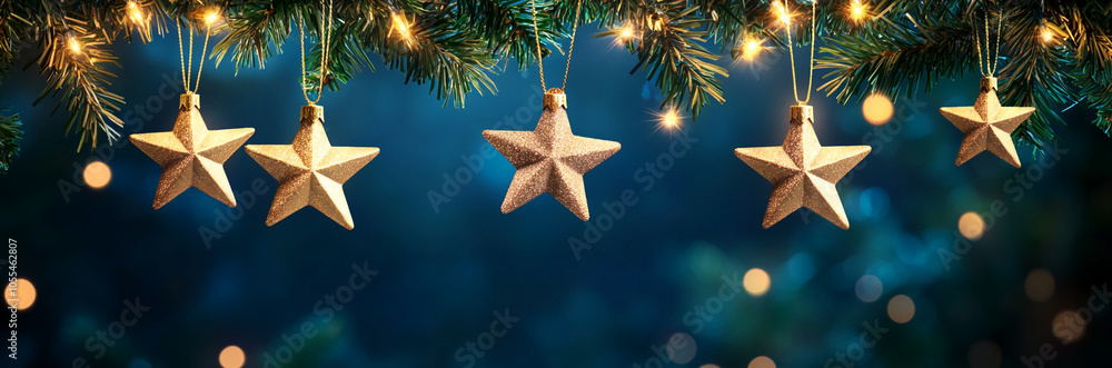 Poster Golden star ornaments hang from a pine branch with string lights in front of a blue background