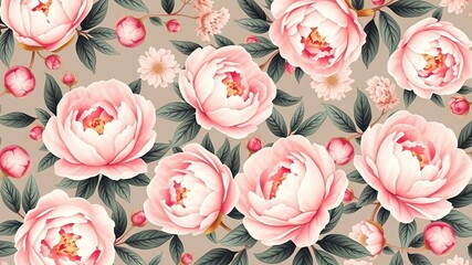 Elegant floral wallpaper design with pastel pink peonies and green leaves, beautiful, pattern, peonies