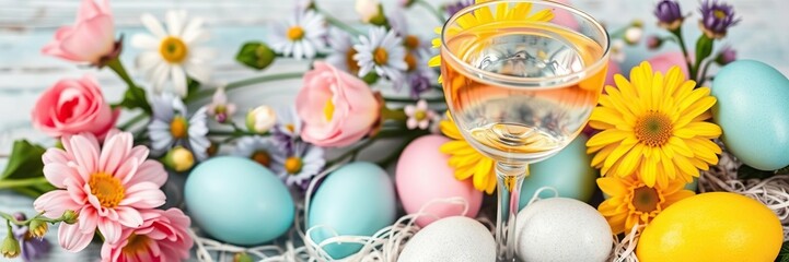 Elegant easter themed cocktail with vodka, decorated with pastel colored eggs and fresh flowers, flowers, holiday, festive