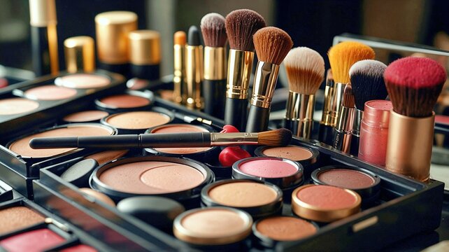 Elegant vanity set featuring makeup essentials, including brushes, eyeshadows, mascara, and various beauty items arranged neatly. Stylish and organized beauty station