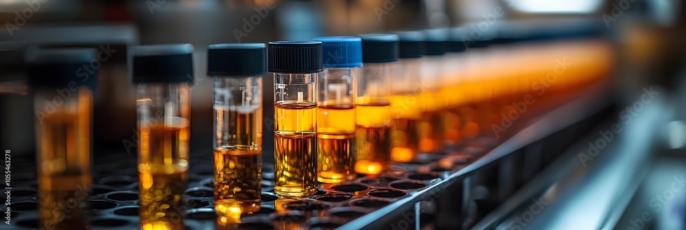 Aufkleber an image of various glass laboratory equipment,such as beakers and flasks,containing glowing amber-c
