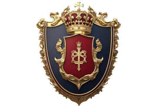 A majestic royal crest featuring a crown and intricate golden details on a vibrant shield