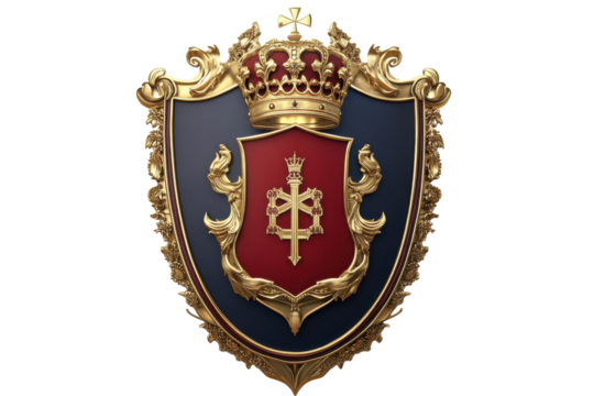 A majestic royal crest featuring a crown and intricate golden details on a vibrant shield