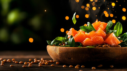 Wild salmon on a bed of lentils and greens, light and healthy, Salmon and lentils, gourmet light protein