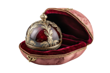 Intricate decorative egg nestled in a plush red velvet box, showcasing exquisite craftsmanship