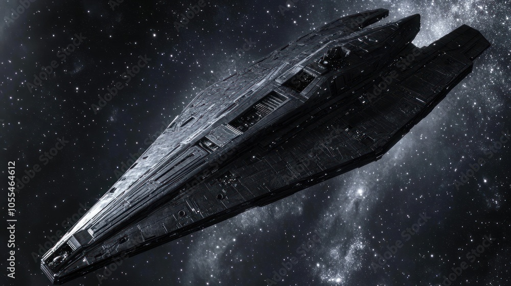 Poster a sleek, futuristic spaceship with a sharp, angular design flies through a vast, star-filled expanse